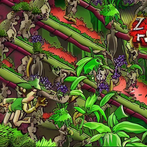 Prompt: 1 plant vs. 2 zombies, highly detailed