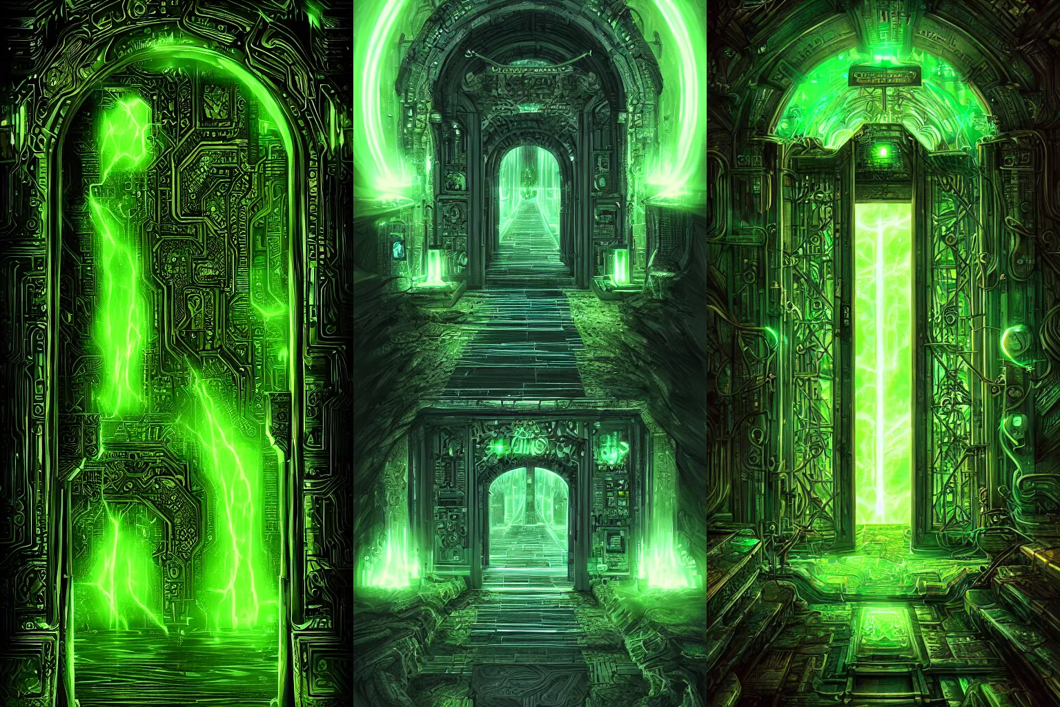 Prompt: The gate to the eternal kingdom of printed circuits, green lighting, fantasy, digital art, HD, detailed.