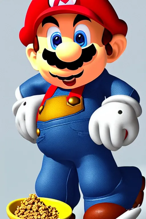 Prompt: mario holding a cereal bowl