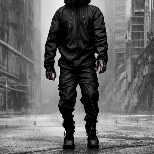 Prompt: A broad shouldered, muscular man in a Acronym Riot Division Nike techwear outfit, wearing black Acronym P31-ds pants, beige-earth Parka jacket, trending on r/techwearclothing, high quality, digital art, dirty cyberpunk city, rain, greg rutkowski