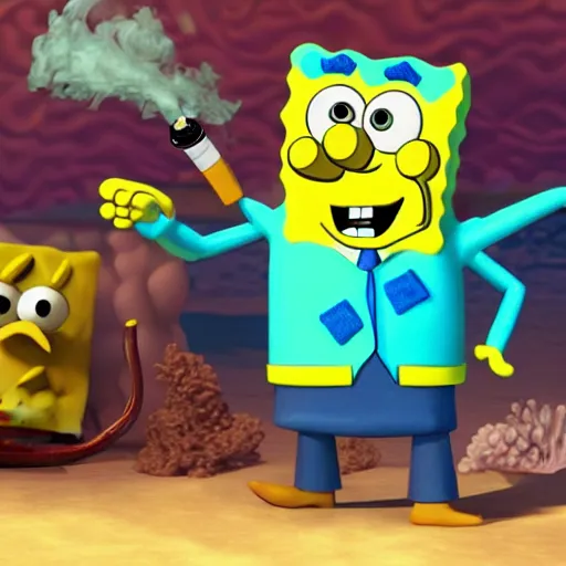 Image similar to a 3 d render of spongebob smoking a pipe under the sea, 3 d render, blender, pixar, disney