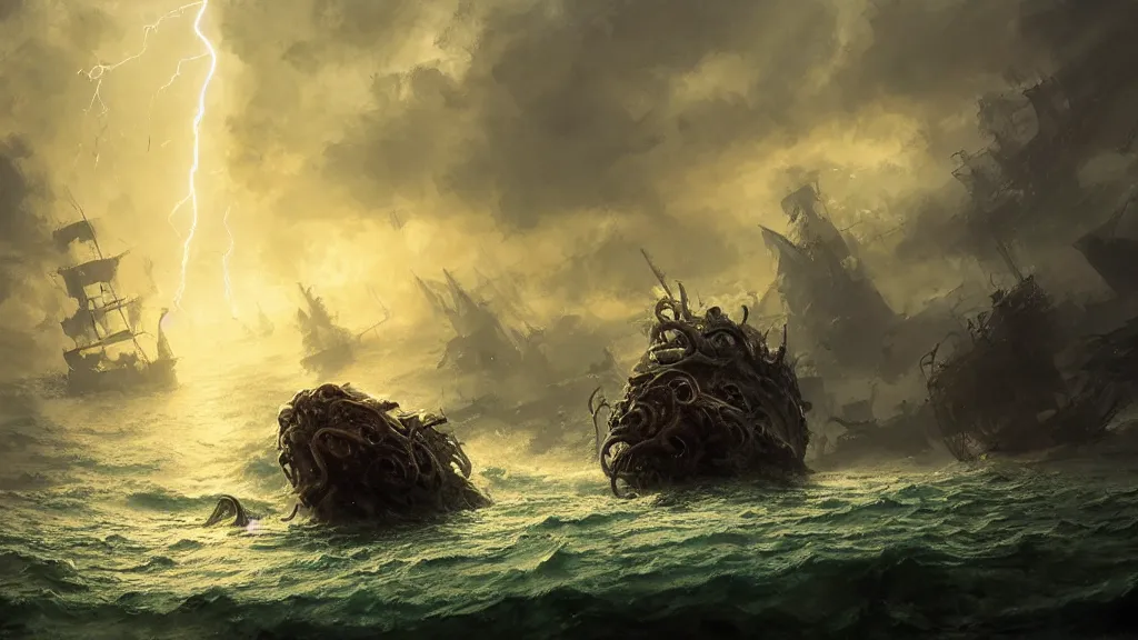 Image similar to small boat in foreground, giant big krakens and tentacles in the background, lightning in background, intricate, detailed, volumetric lighting, sharp focus, scenery, photorealism, digital painting, highly detailed, concept art, ruan jia, steve mccurry