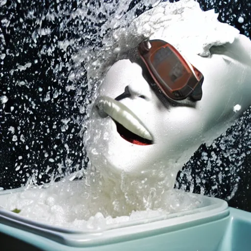 Prompt: styrofoam head being doused in a sink full of metallic chrome water, flash enabled, wide angle, chromatic abberation, cursed image, 2003 Flickr