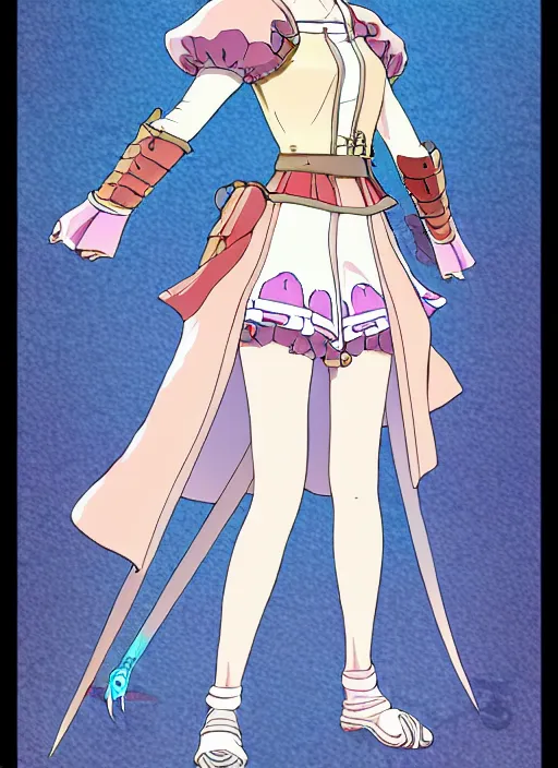 Prompt: cel - shaded anime character, full body design of beautiful fantasy warrior girl in the style of studio ghibli, moebius, ayami kojima, atelier lulua, clean linework