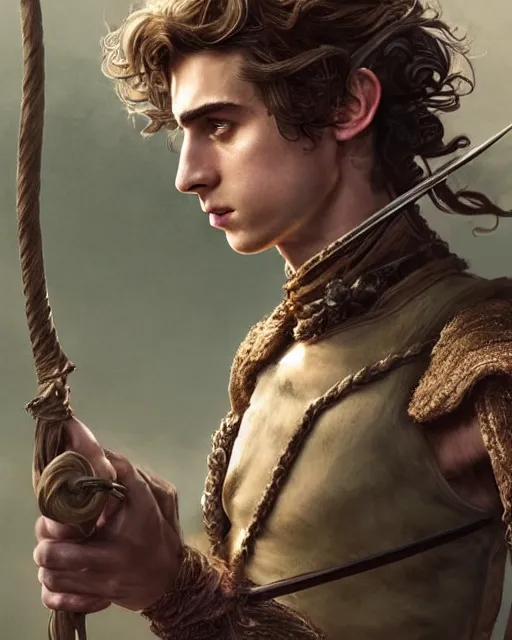 Prompt: timothee chalamet as an archer in courtyard, intricate braided hair, small nose, muscular figure, soft lighting, highly detailed face, sharp focus, artstation, dnd, sophie anderson, arnold armitage, loish