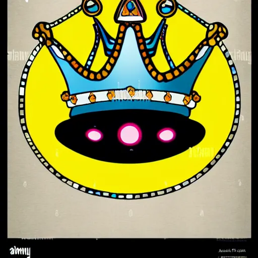 Prompt: a glowing crown sitting on a table with one beautiful eye mounted on it like a jewel, night, bold black lines, flat colors, minimal 1 9 6 0 s poster illustration