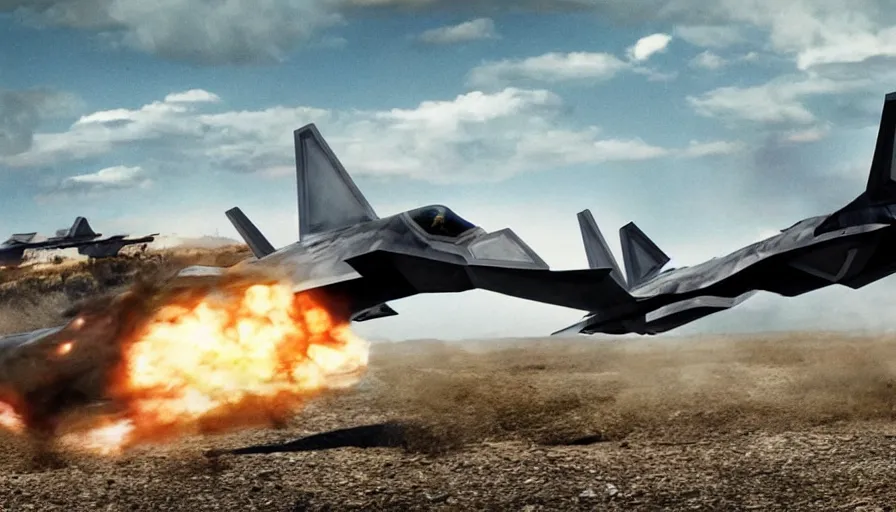 Image similar to big budget movie about dinosaur raptor fighting an f22 raptor.