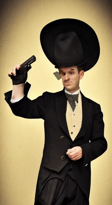 Prompt: Full body portrait of a man with a stern look dressed in a 1920s attire. He is pointing a gun and seems mentally unstable. 4K, dramatic lighting