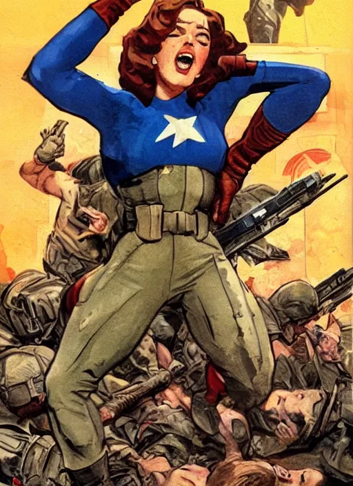 Prompt: beautiful female captain america standing on a pile of defeated, beaten and broken german soldiers. feminist captain america wins wwii. american wwii propaganda poster by james gurney and ralph bakshi. gorgeous face. overwatch.