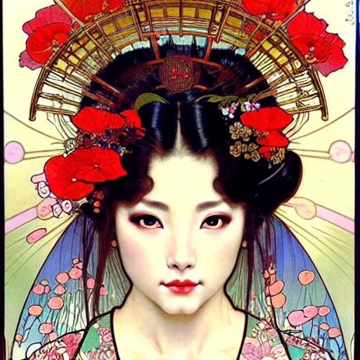 Prompt: realistic detailed face portrait of a beautiful young geisha with poppies in her elaborate hair by alphonse mucha, ayami kojima, amano, greg hildebrandt, and mark brooks, art nouveau, neo - gothic, gothic