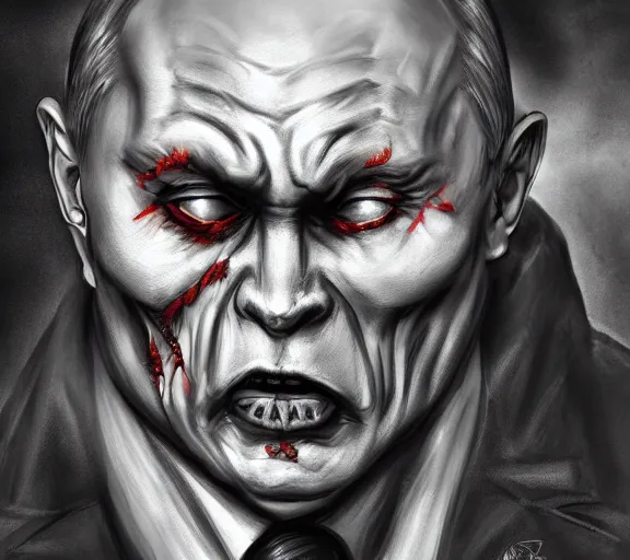 Image similar to vladimir putin as a scary monster in hell, highly detailed, amazing digital art, trending on artstation