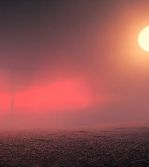 Image similar to the tiny red light in the antartic fog, majestic light, octane render, beauty fog, ethereal glare of the sun, hyperrealistic, epic, masterpiece