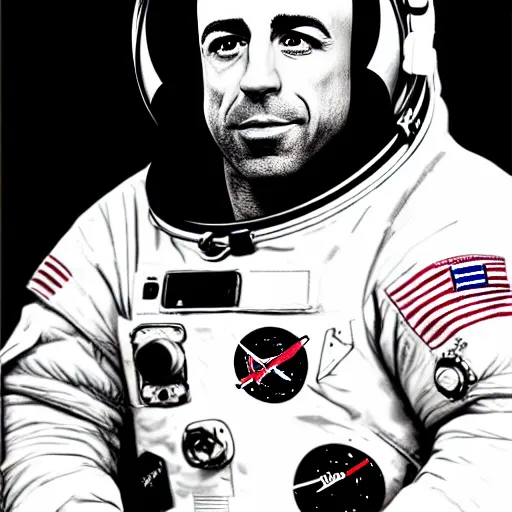 Prompt: a very detailed pencil drawing of joe rogan in an astronaut suit in space 4 k, high resolution, still, landscape, hd, dslr, hyper realistic, sketch