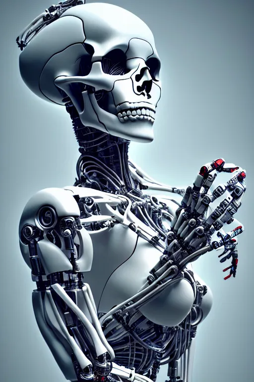 Image similar to a robot holding a human skull on its hand, perfect symmetrical body, full body shot, inflateble shapes, wires, tubes, veins, white biomechanical, wearing epic bionic cybor implants, masterpiece, intricate, biopunk vogue, highly detailed, artstation, concept art, cyberpunk, octane render