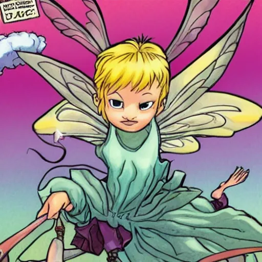 Prompt: flying fairy fighting against dragon demon in style of bryan lee o'malley