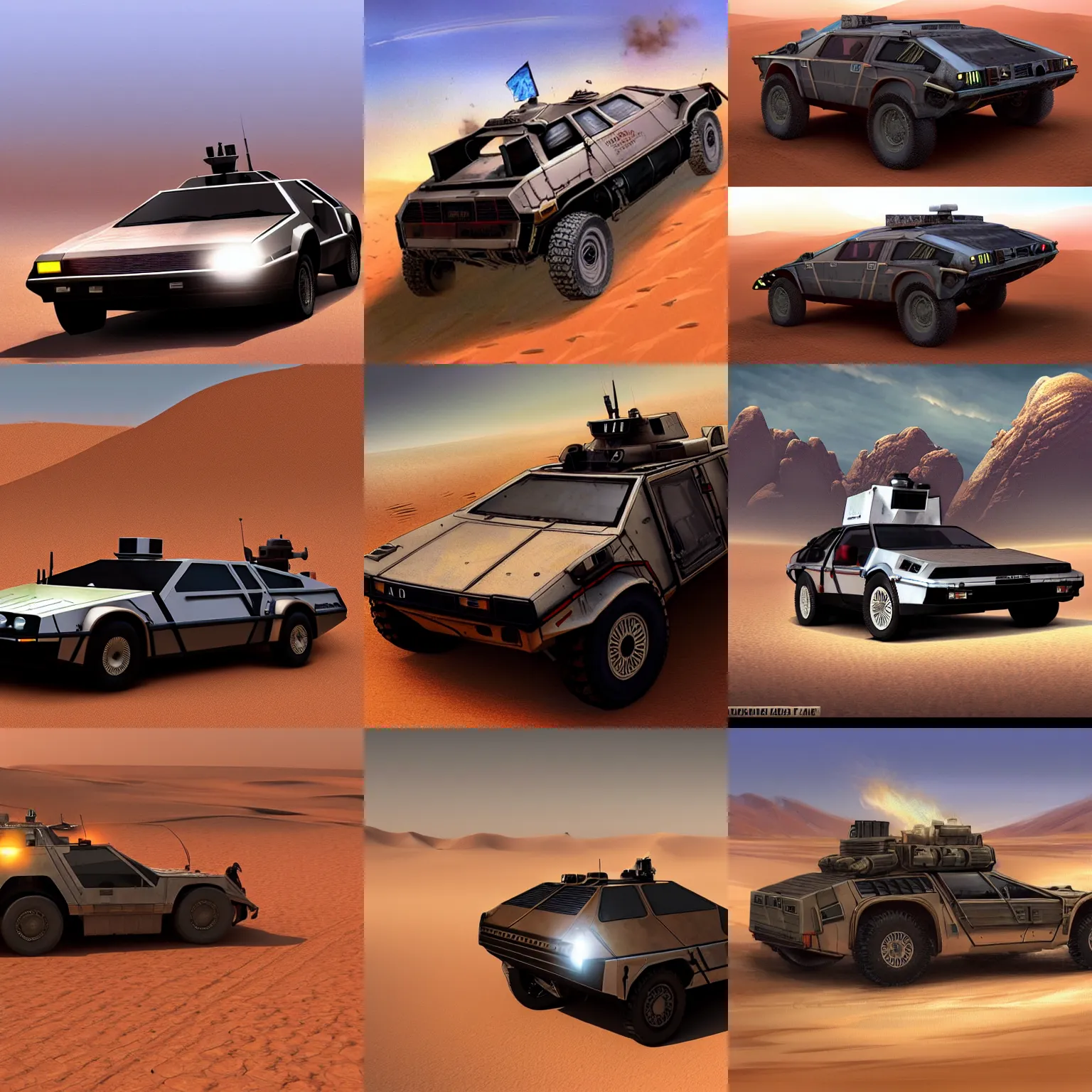 Prompt: armored military Delorean in the sahara desert , concept art, cinematic, trending on artstation