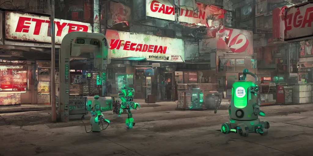 Image similar to Fallout-style robotic buying gaterade at 7Eleven | Trending on ArtStation, Fallout | Hyperrealistic CGI Photorealistic Cyberpunk Post Nuclear City