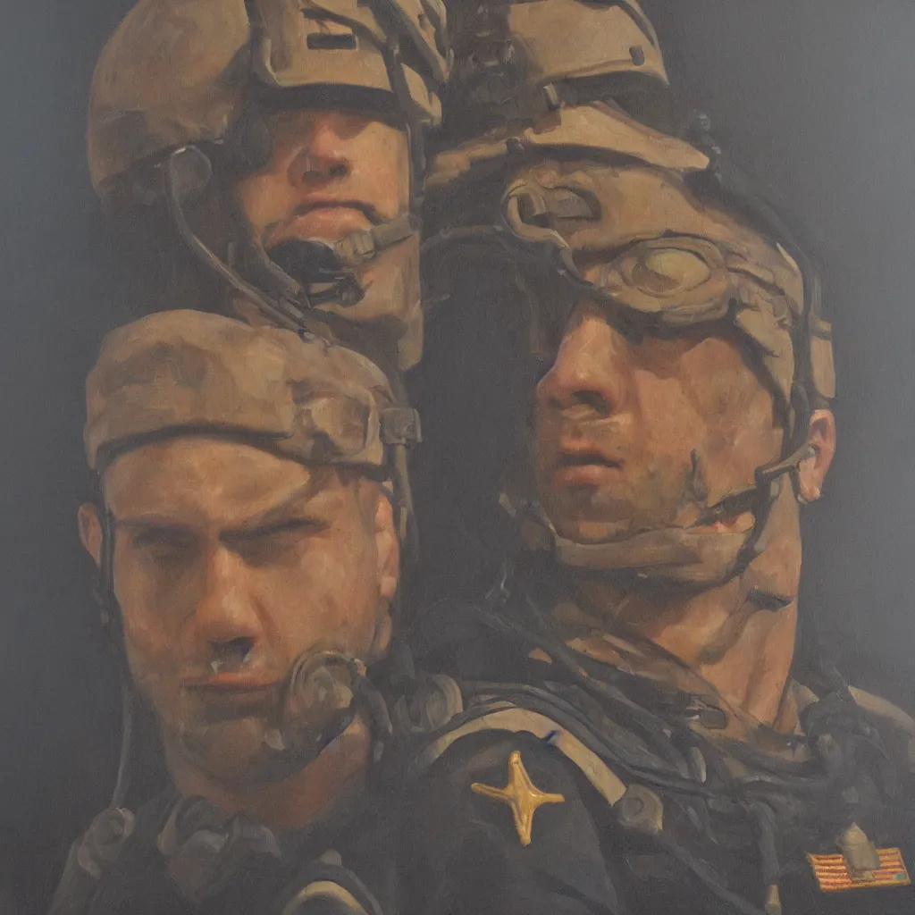 Prompt: portrait of a navy seal. face. portrait. oil painting. strong light. dark background. clair - obscur