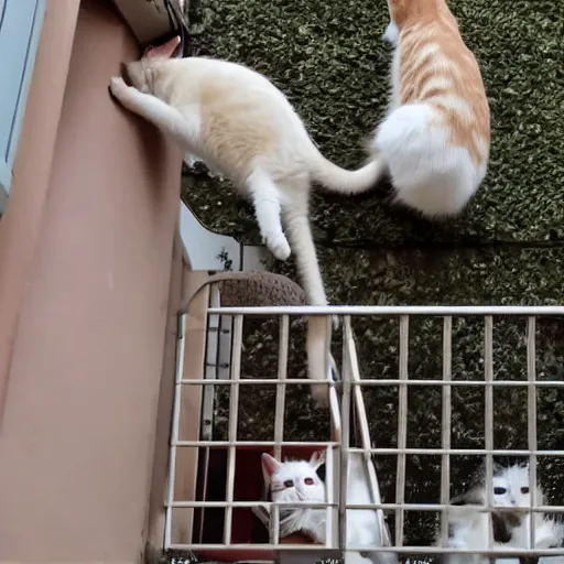 Prompt: a white brown cat preventing a little girl from climbing over a balcony