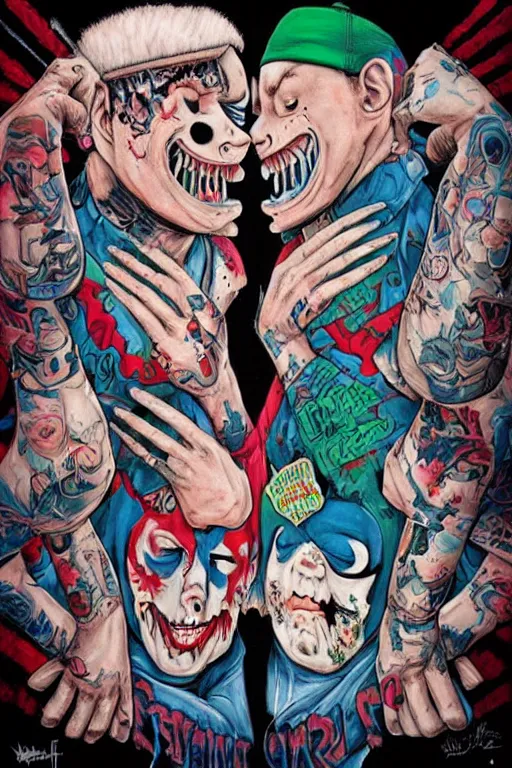 Prompt: eminem and insane clown posse fight, realistic, art by tafy laplanche, colored by james jean