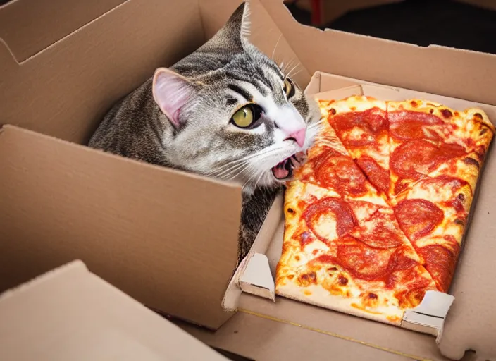 Prompt: photo of a very fat cat angrily eating a slice of cheesy pizza inside a cardboard box. nikon d 8 5 0 5 5 mm.