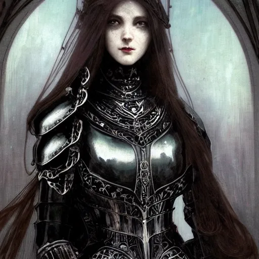 Image similar to beautiful victorian and luxury and goddess and gothic female medieval Black armor knight portrait+shiny eyes+front face with light flowing hair, ultradetail face, ruined gothic cathedral, art and illustration by tian zi and craig mullins and WLOP and alphonse mucha, ssci-fi, fantasy, intricate complexity, human structure, hypermaximalist, fantasy character concept, dynamic lighting, neon light, watermark, blurry, hyperrealism 8k