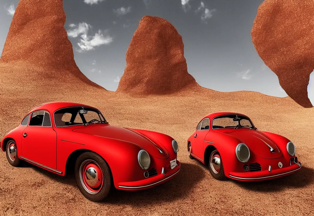 Image similar to “a red porsche 356 is parked in the middle of the desert, a matte painting by Scarlett Hooft Graafland, featured on unsplash, australian tonalism, anamorphic lens flare, cinematic lighting, rendered in unreal engine”