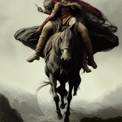 Image similar to a masterpiece! photographic portrait of a a cloaked woman riding the back of a scarlet - colored beast!! with seven heads!! and ten horns!! by gustave dore and sam spratt and allen williams, trending on artstation, cgsociety, 8 k hd, earthtone colors,