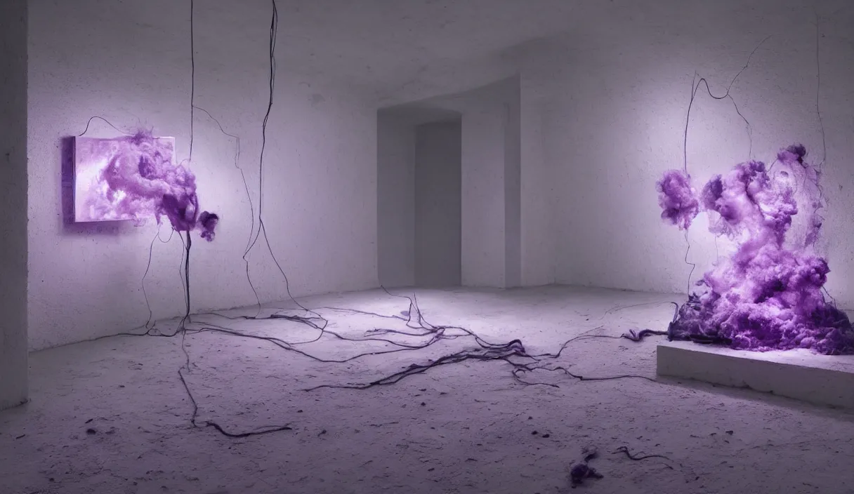 Prompt: artwork by pierre huyghe with wax, porcelain, cables and monitors, purple smoke, ultra realistic, depth, beautiful lighting, glitch, sigma, 8 k, 3 5 mm, f / 3 2