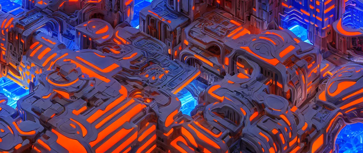 Image similar to hyperrealistic hyper detailed wide shot of neo-baroque futuristic colony with brutalist architecture and carnivorous plants matte painting concept art key sage jeff koons very dramatic orange and blue lighting high angle hd 8k sharp shallow depth of field