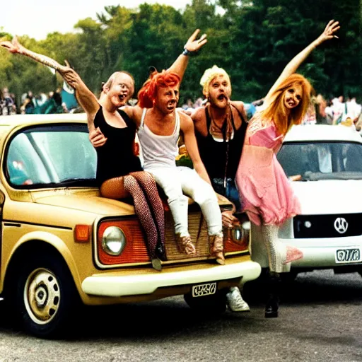 Prompt: backstreet boys and spice girls playing concert together, woodstock 1 9 6 0, old times, hippies, vintage, botanical details, vans, volkswagen