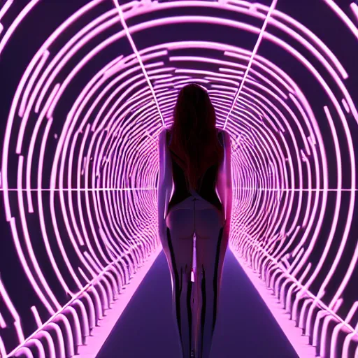 Prompt: chromatic cyborg female discovering her own consciousness in a mirror maze (Unreal Engine, 3D, Reflections, Glossy, Hyer-Realistic, Futuristic, Noise, Gradient)