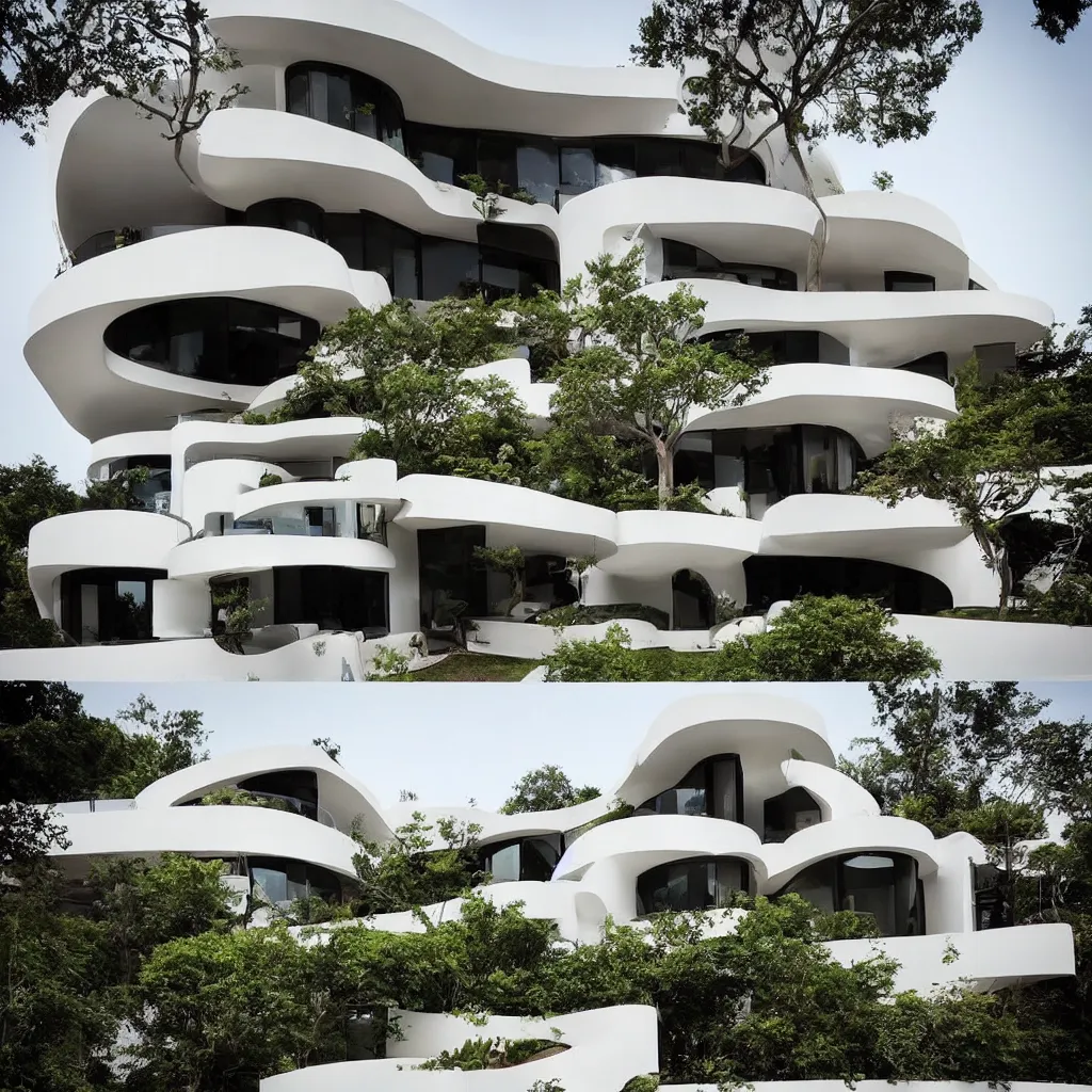 Image similar to “ a two story modern house with curve sculptural balconies, designed by famous architects online lab of architecture, house sold for 4 million dollars, featured on architecture magazines ”