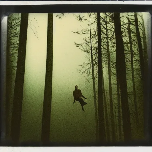 Image similar to eerie polaroid of a man floating above the forest at dusk