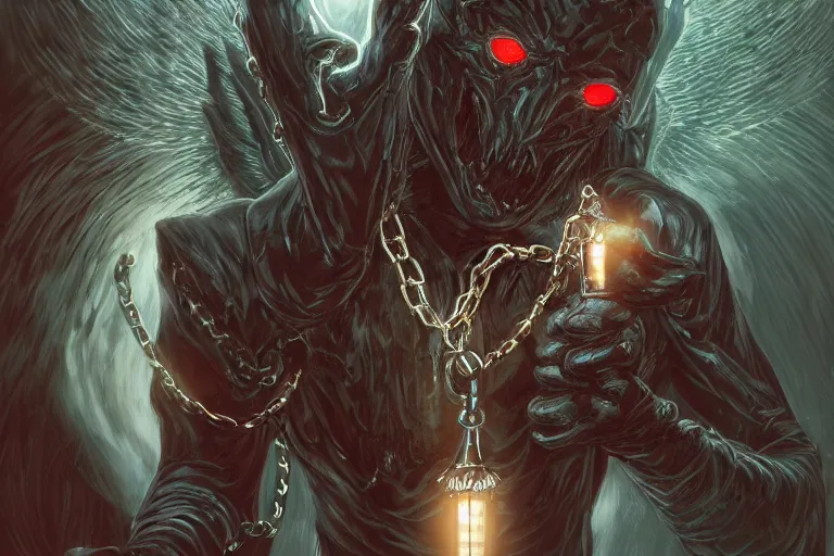 Image similar to lucifer, dark angel, hybrid human with snake, red eyes, chain, handcuffs, large chain, wide open mouth, scream, cruelty, sea bottom, light effect, highly detailed, artstation, concept art, matte, sharp focus, illustration, by dan mumford, yusuke murata, makoto shinkai, ross tran