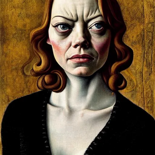 Image similar to emma stone as gollum, elegant portrait by sandro botticelli, detailed, symmetrical, intricate