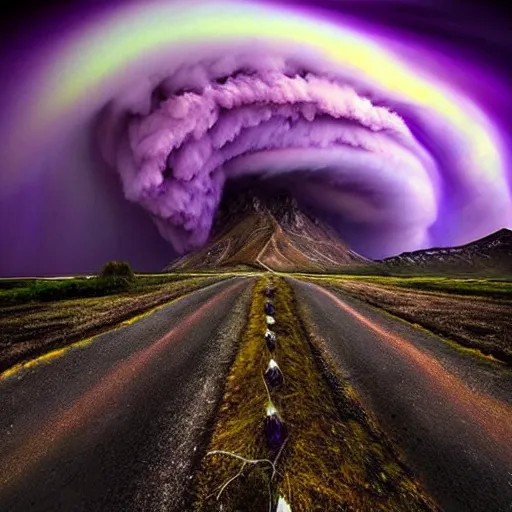 Image similar to amazing photo of a purple clouds in the shape of a tornado by marc adamus, beautiful dramatic lighting