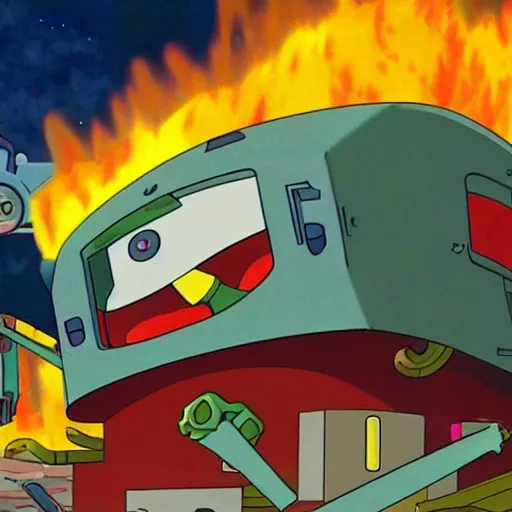 Image similar to plankton piloting a giant robot destroying the krusty krab, episode, detailed, 4 k, fire, awesome, favorite