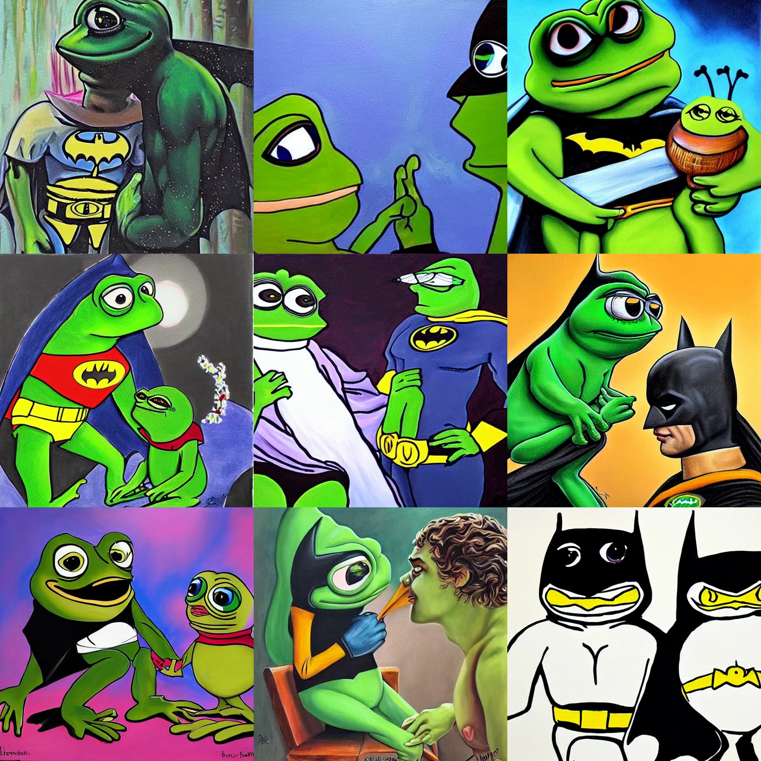 Prompt: beautiful breathtaking painting of meeting between pepe the frog and batman