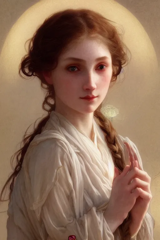 Image similar to Portrait of beautiful pale peasant girl, cinematic lighting, intricate, elegant, highly detailed, digital painting, artstation, smooth, sharp focus, illustration, art by artgerm and greg rutkowski and alphonse mucha and Wayne Barlowe and william-adolphe bouguereau