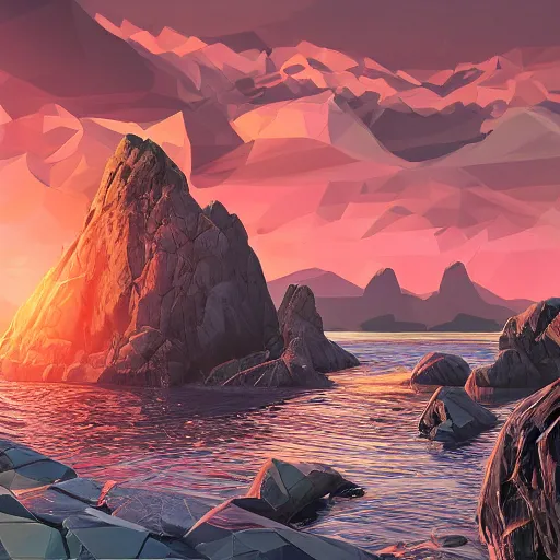 Image similar to super detailed color lowpoly art, northern sunset with rocks on front, monochrome photorealistic bay in the middle of perspective and mountains at background, big graphic seiner ship, unreal engine, high contrast color palette, 3 d render, lowpoly, colorful, digital art, perspective, full volume composition, robb cobb, syd mead