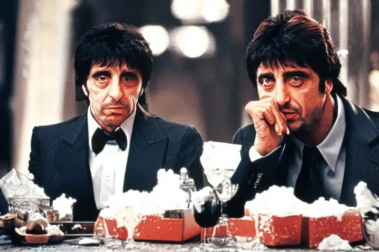 Image similar to tony montana from movie scarface 1 9 8 3 sitting at a table with big packages of flour. next to the night window. al pacino. perfect symmetric face, coherent eyes, medium shot, fine details, 4 k, cinestill, ron cobb