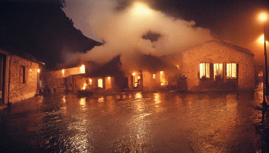 Image similar to 1 9 7 0 s movie still of a heavy burning french style stonehouse in a small french village by night rain, cinestill 8 0 0 t 3 5 mm, heavy grain, high quality, high detail, dramatic light, anamorphic, flares