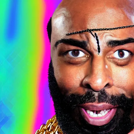 Image similar to a high resolution photograph of joe rogan as mr. t wearing many gold chains with a psychedelic dmt background