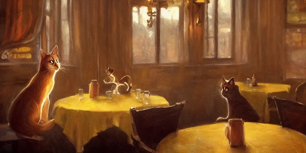 Image similar to brown cat with yellow eyes is sitting at table in a cafe at paris in early 2 0 th century. atmospheric feeling, warm colours, brown colours, yellow colours, epic scene, cinematic, very detailed, hd, trending on artstation