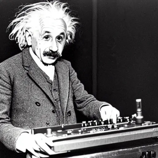 Prompt: photo of Albert Einstein DJing a phonograph, vintage