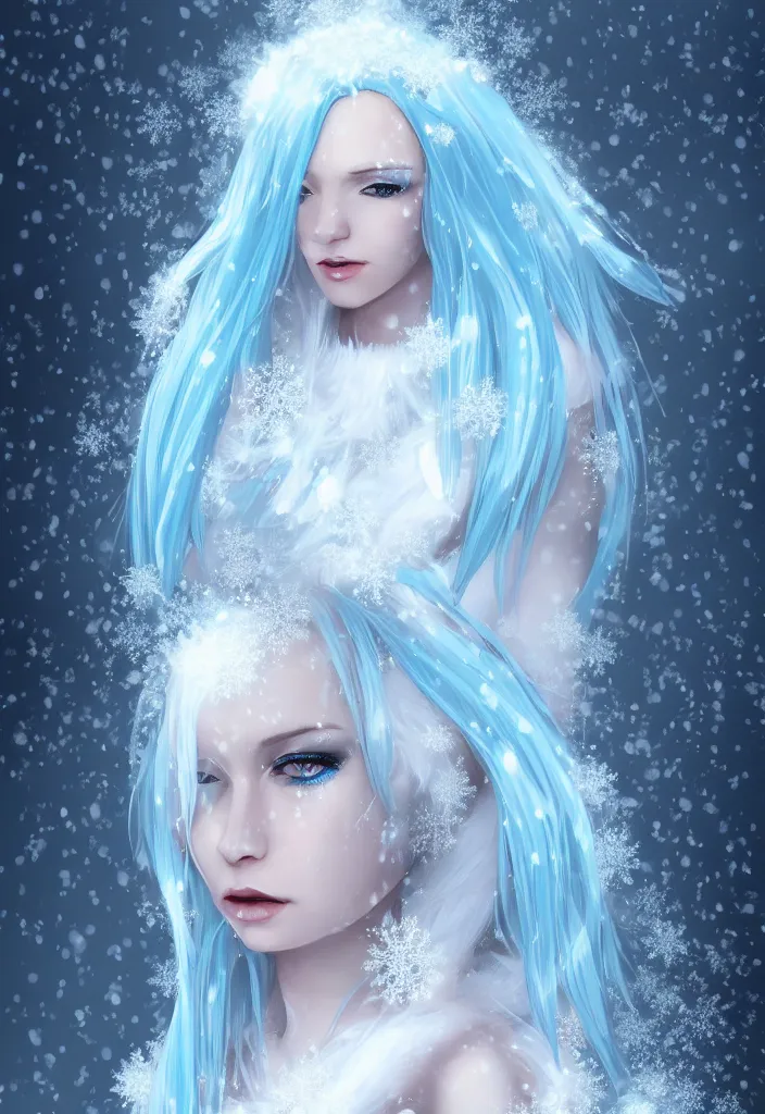 Prompt: a stunningly beautiful woman with pale blue hair wearing a dress made out of snowflake in the middle of a snowstorm. award - winning digital art, trending on artstation