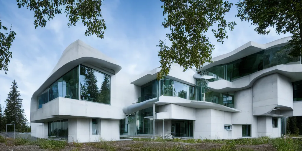 Prompt: large futuristic modern residence, white concrete, large windows, blue pipes, black and green metal, triangular features, Washington State