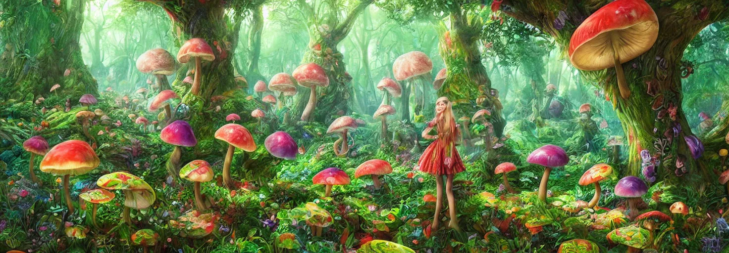 Prompt: lush green alice in wonderland style forest, colorful mushrooms, vibrant colors, intricate mural, highly detailed, digital painting, trending on artstation, sharp focus, illustration, art by artgerm and greg rutkowski and magali villeneuve