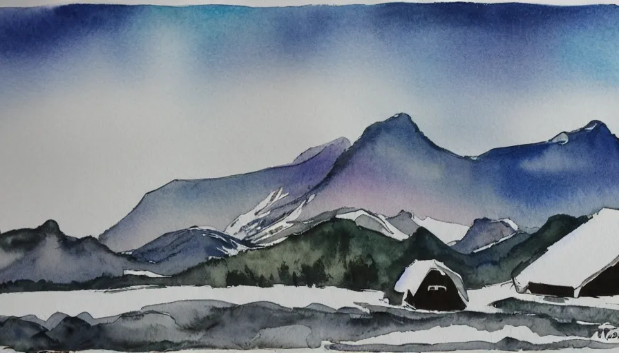Image similar to norway, sunrise, countryside, mountains, winter, snow, trees, mountains, medium: watercolor and ink